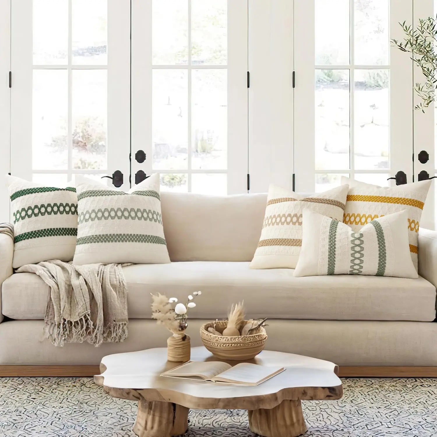 Set of 2 Sage Green Boho Pillow Covers, 18x18 Inch Farmhouse Rustic Cotton Cushions for Sofa Bed Chair Decor