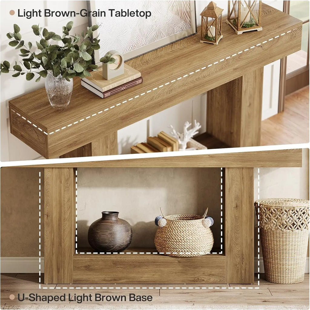 Modern  Farmhouse 2-Tier Entryway Table with U-Shaped Base, Narrow Long Wood Sofa Table. 63 inches tall.. Uniquely Stunning Design. Several finishes to choose from.