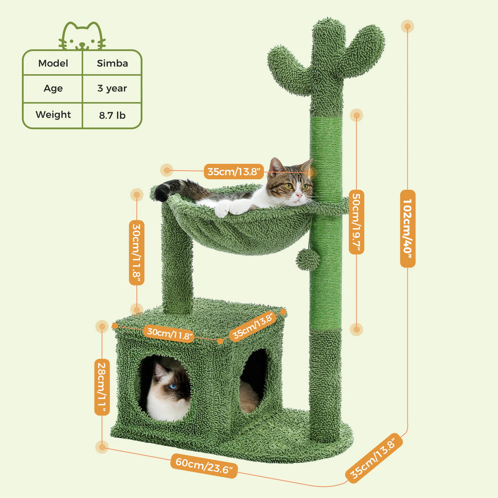 Cactus Cat Tree with Large Condo, Hammock, Dangling Ball and Cat Scratching Post for hours of indoor fun and shenanigans.