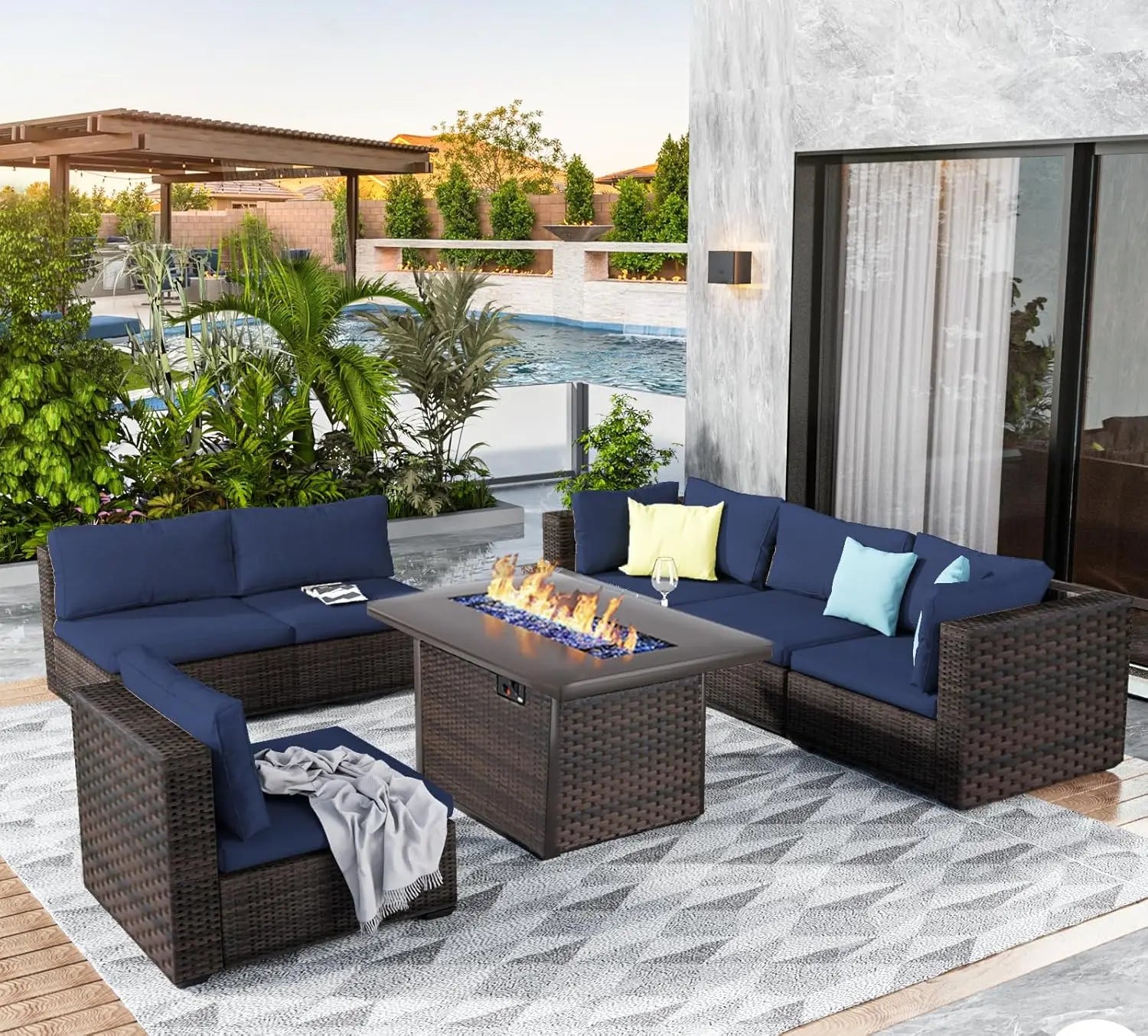7 Pieces Outdoor Sectional Patio Furniture Set with Fire Pit Table Rattan Wicker Patio Sectional. Cozy and Welcoming.