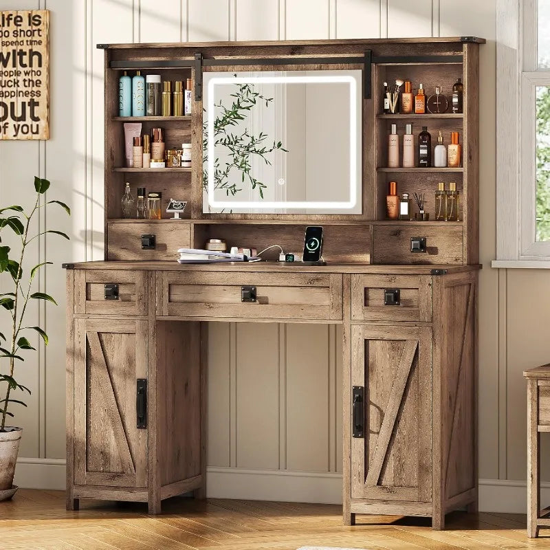 Vanity Desk with Lights, 47.2" Farmhouse Vanity Table with Sliding Mirror & Charging Station,