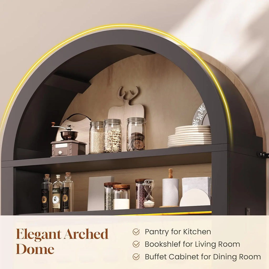 73" Tall Arched Bakers Rack with Power Outlet and LED Light, Farmhouse Coffee Bar Cabinet, Kitchen Microwave Stand. Multiple Finishes and Attractive Features.