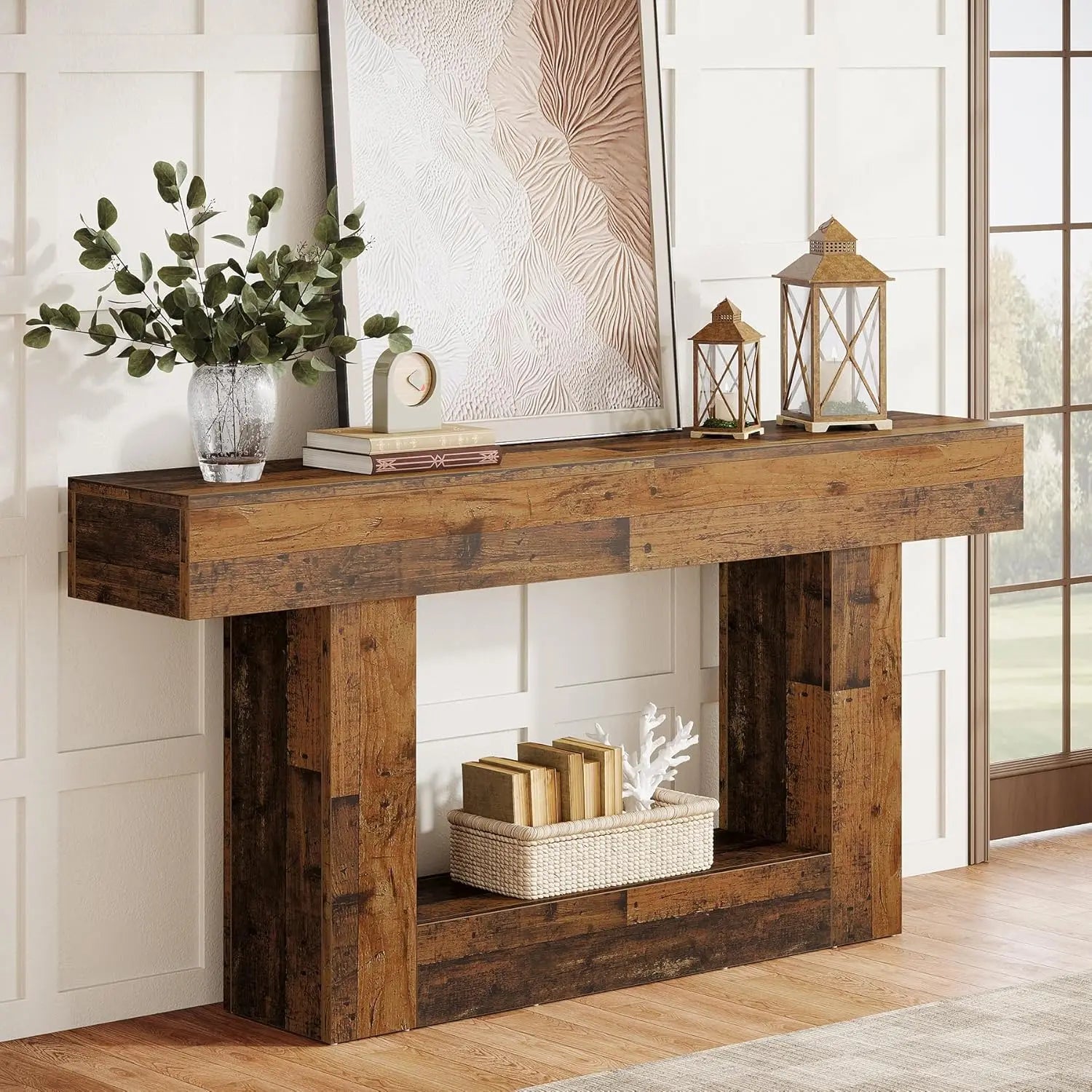 Modern  Farmhouse 2-Tier Entryway Table with U-Shaped Base, Narrow Long Wood Sofa Table. 63 inches tall.. Uniquely Stunning Design. Several finishes to choose from.