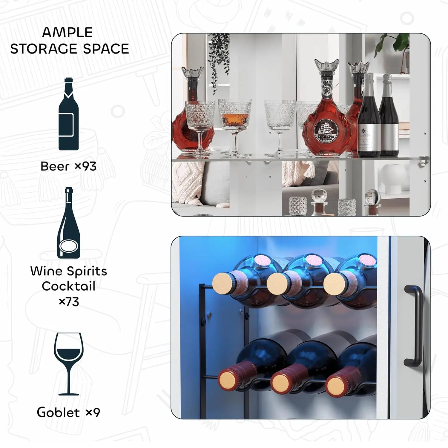 68.9” Tall Corner Bar Cabinet Wine Bar with LED Lighting With Mirrored Backdrop.  Farmhouse Liquor Cabinet with Adjustable Shelf Customizable. It's Corner Style Design is a Space Saving  Which Makes it Suitable for Smaller