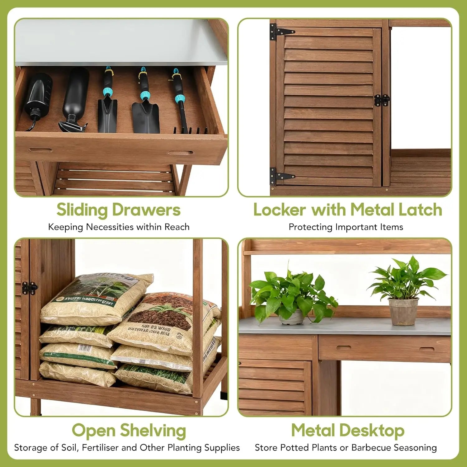 Outdoor Potting Bench Table, Wooden Weatherproof Garden Work Station with Sliding Drawer, Metal Table Top.