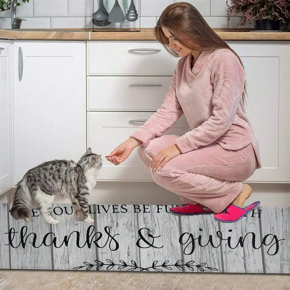 3-Piece Kitchen Rug Set, Gray Wood Grain Print with Gratitude Script, Washable Polyester