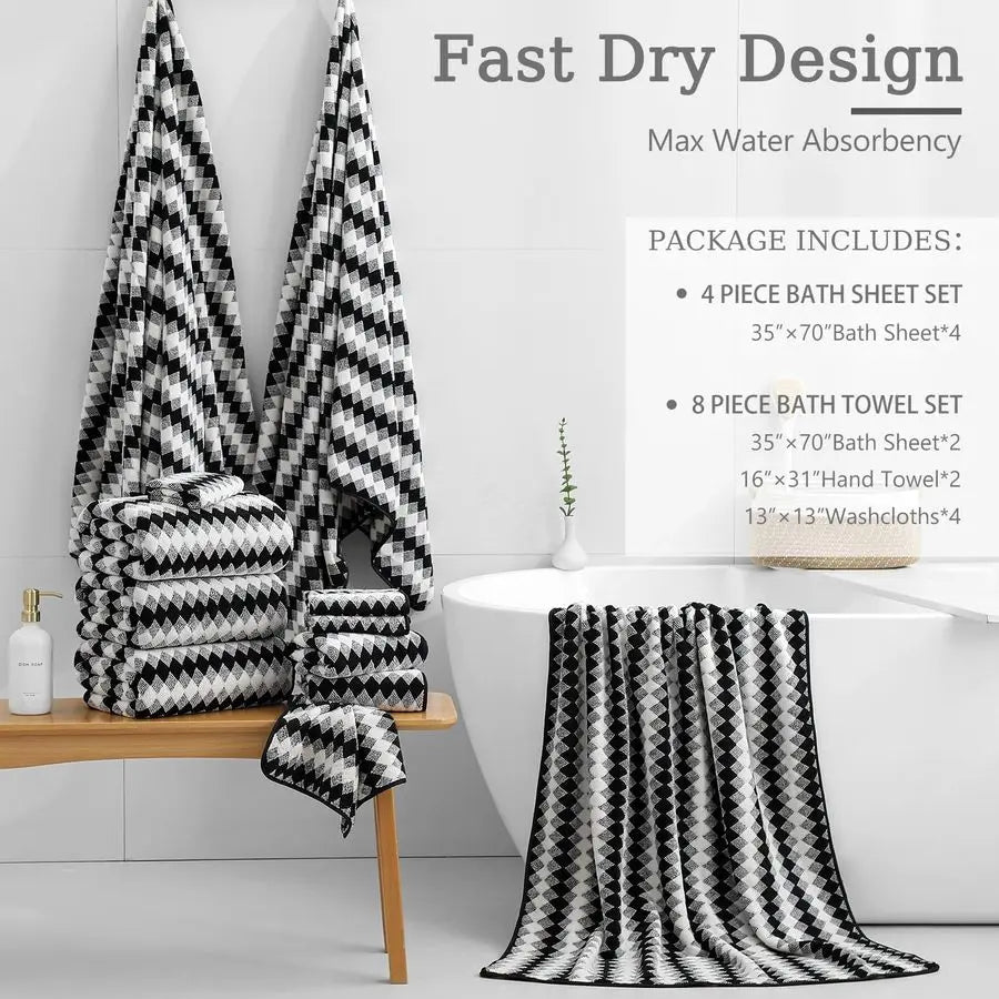 8 Piece Bathroom Towel Set Black White 2 Oversized Large Bath Towels, 2 Hand Towels. 4 Washcloths 600GSM Soft Towel Set. Striking Pattern.