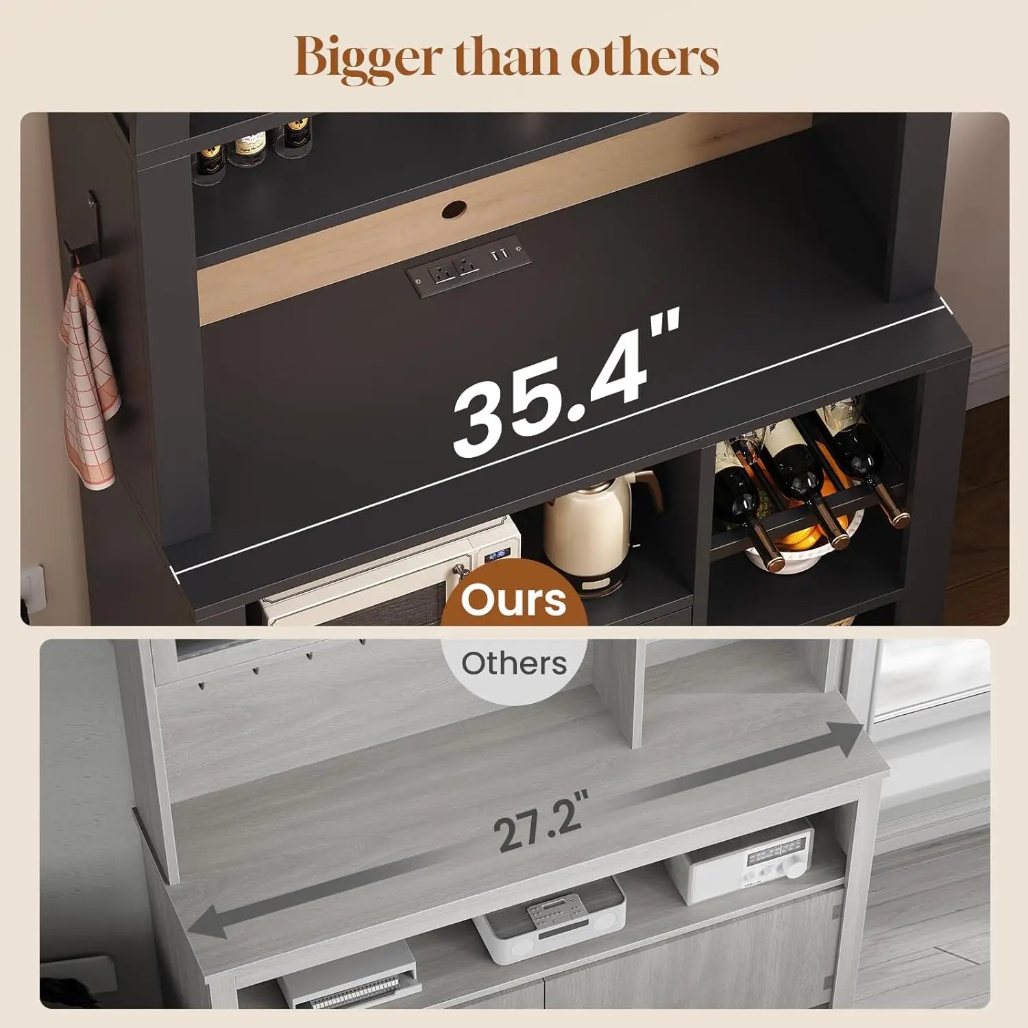 73" Tall Arched Bakers Rack with Power Outlet and LED Light, Farmhouse Coffee Bar Cabinet, Kitchen Microwave Stand. Multiple Finishes and Attractive Features.