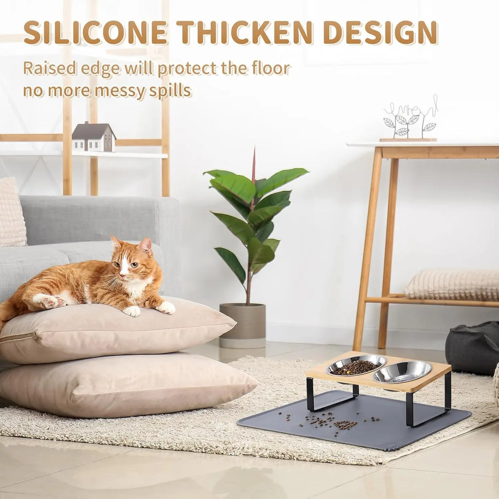 Elevated Cat Bowls with Mat, 15° Tilted Stand Anti-Vomiting Raised Dishes for Food and Water, 2 Stainless Steel Bowls