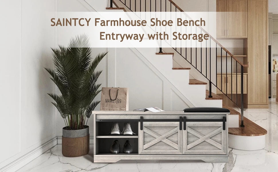 Farmhouse Style Storage Bench with Padded Seat. Great for the Entryway or Bedroom for shoe storage.