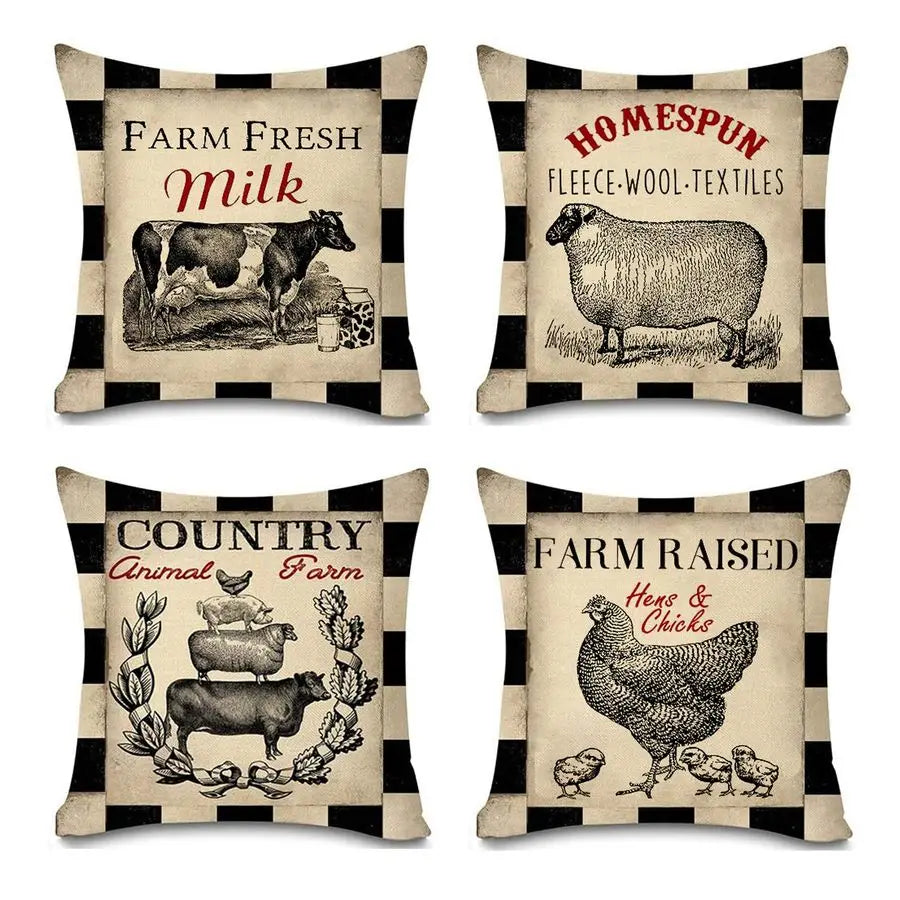 Rustic Farmhouse Pillow Covers Farm Animal Throw Pillow Case Bordered in a Buffalo Plaid. Great as an Accent in any Room.