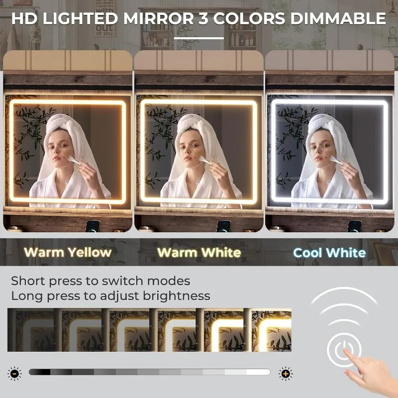 Vanity Desk with Lights, 47.2" Farmhouse Vanity Table with Sliding Mirror & Charging Station,