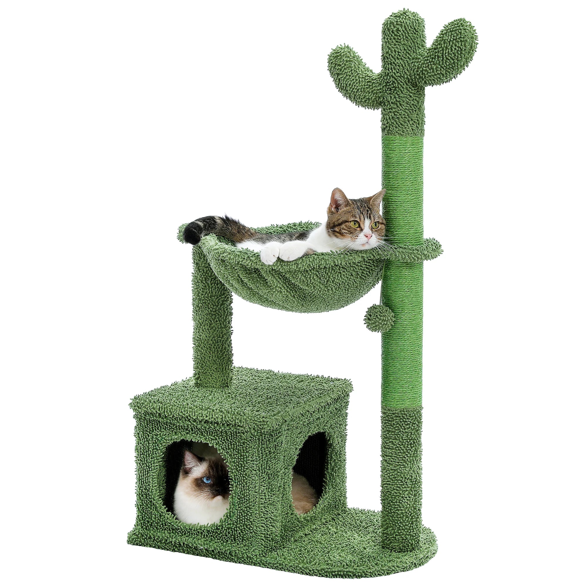 Cactus Cat Tree with Large Condo, Hammock, Dangling Ball and Cat Scratching Post for hours of indoor fun and shenanigans.