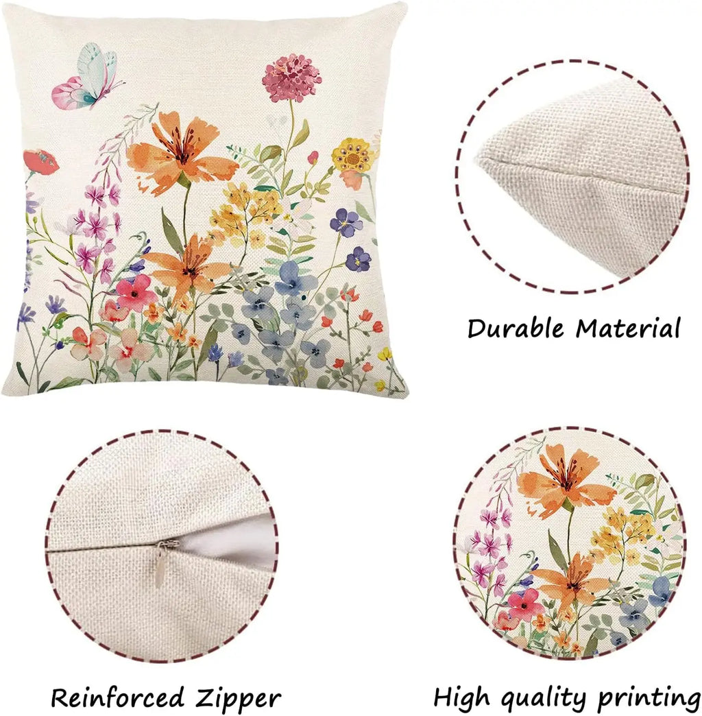 Spring Farmhouse Pillow Covers 18x18 Inch, Outdoor Garden Linen Cushion Cases for Home Decor
