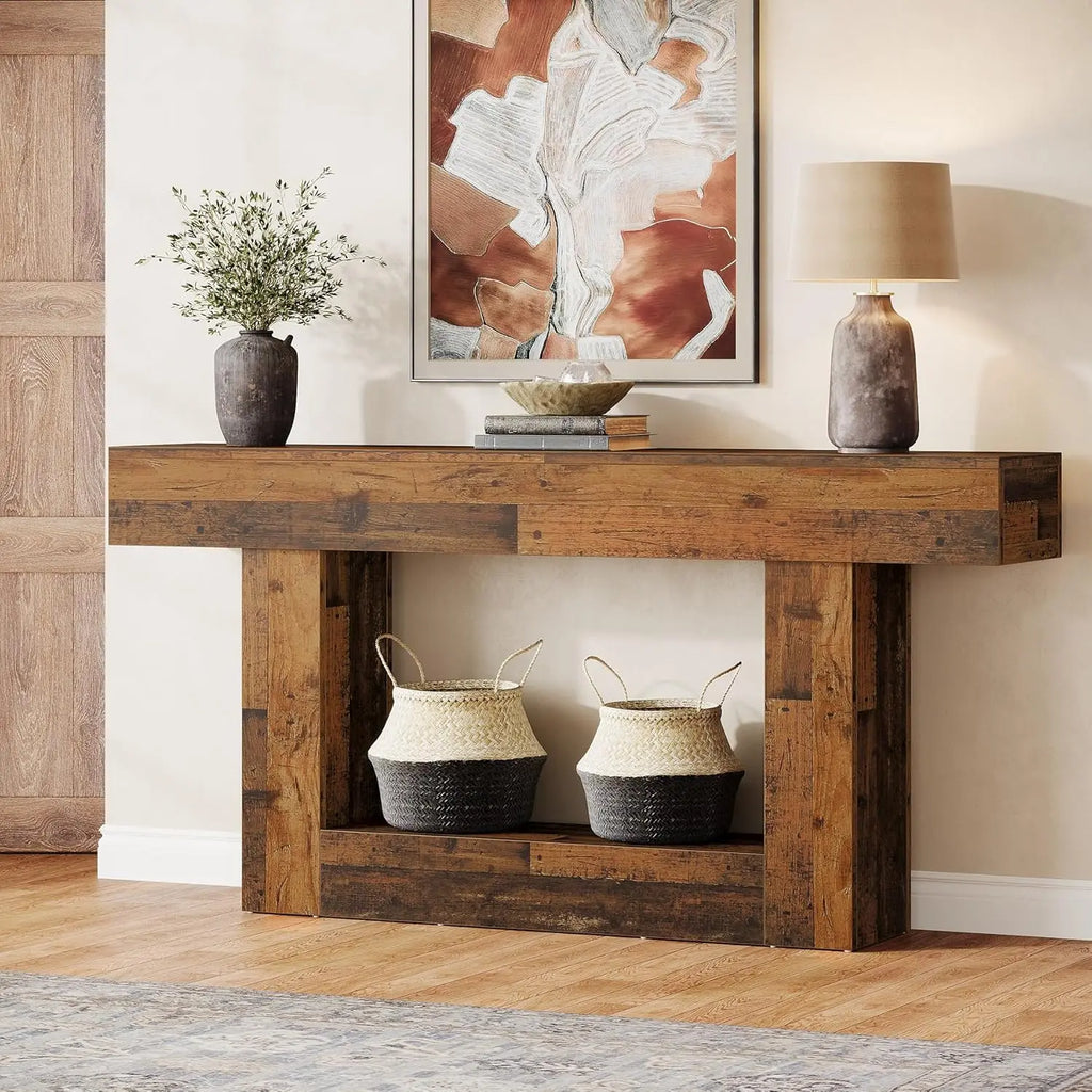 Modern  Farmhouse 2-Tier Entryway Table with U-Shaped Base, Narrow Long Wood Sofa Table. 63 inches tall.. Uniquely Stunning Design. Several finishes to choose from.