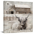 Highland Cow Lovers. Beautiful  Wall Decor Rustic Farmhouse ,Barn and Windmill Landscape Painting Framed 24x24 inch.
