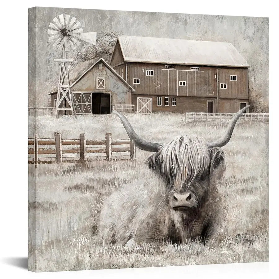 Highland Cow Lovers. Beautiful  Wall Decor Rustic Farmhouse ,Barn and Windmill Landscape Painting Framed 24x24 inch.