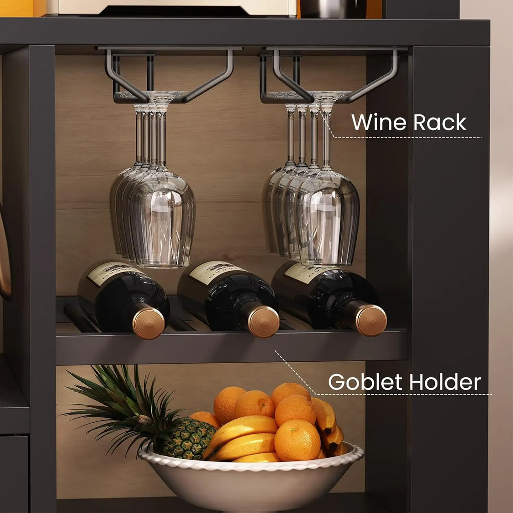 73" Tall Arched Bakers Rack with Power Outlet and LED Light, Farmhouse Coffee Bar Cabinet, Kitchen Microwave Stand. Multiple Finishes and Attractive Features.