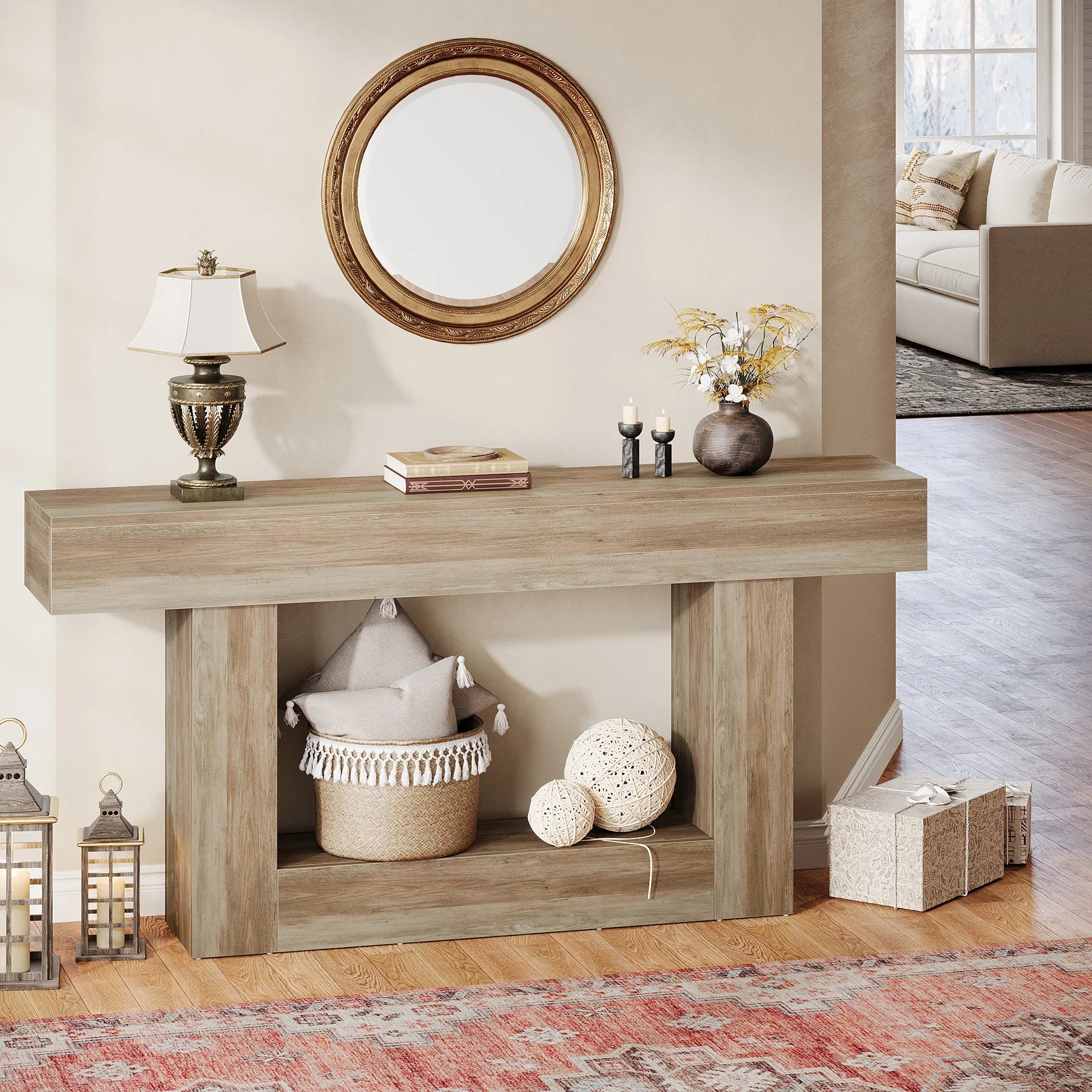 Modern  Farmhouse 2-Tier Entryway Table with U-Shaped Base, Narrow Long Wood Sofa Table. 63 inches tall.. Uniquely Stunning Design. Several finishes to choose from.