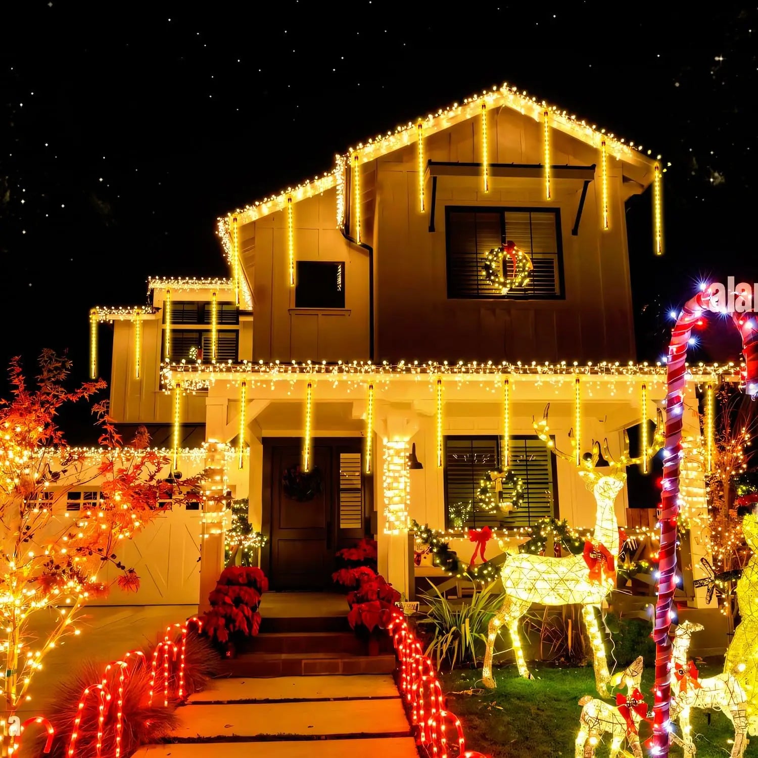 2 Pack Solar Meteor Shower Lights, 16 Tube 288 LED Warm White, Waterproof Outdoor Tree Decor. Stunning Addition to Backyard or Patio all Year Round.