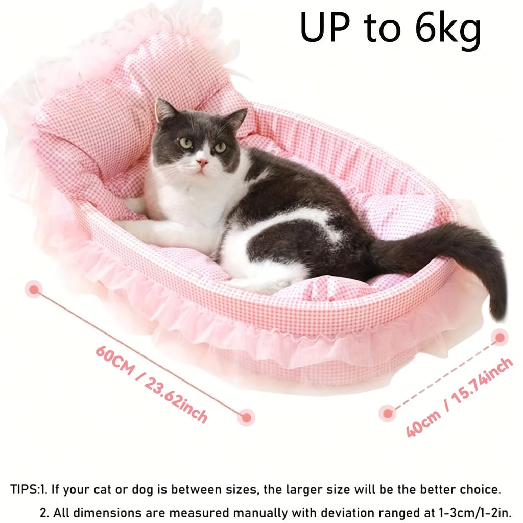 CUTENESS OVERLOAD!  Cute Lace-Trimmed Pet Bed.  Soft Polyester Plush Oval for Small Dogs/Cats, Easy Assembly Indoor Use