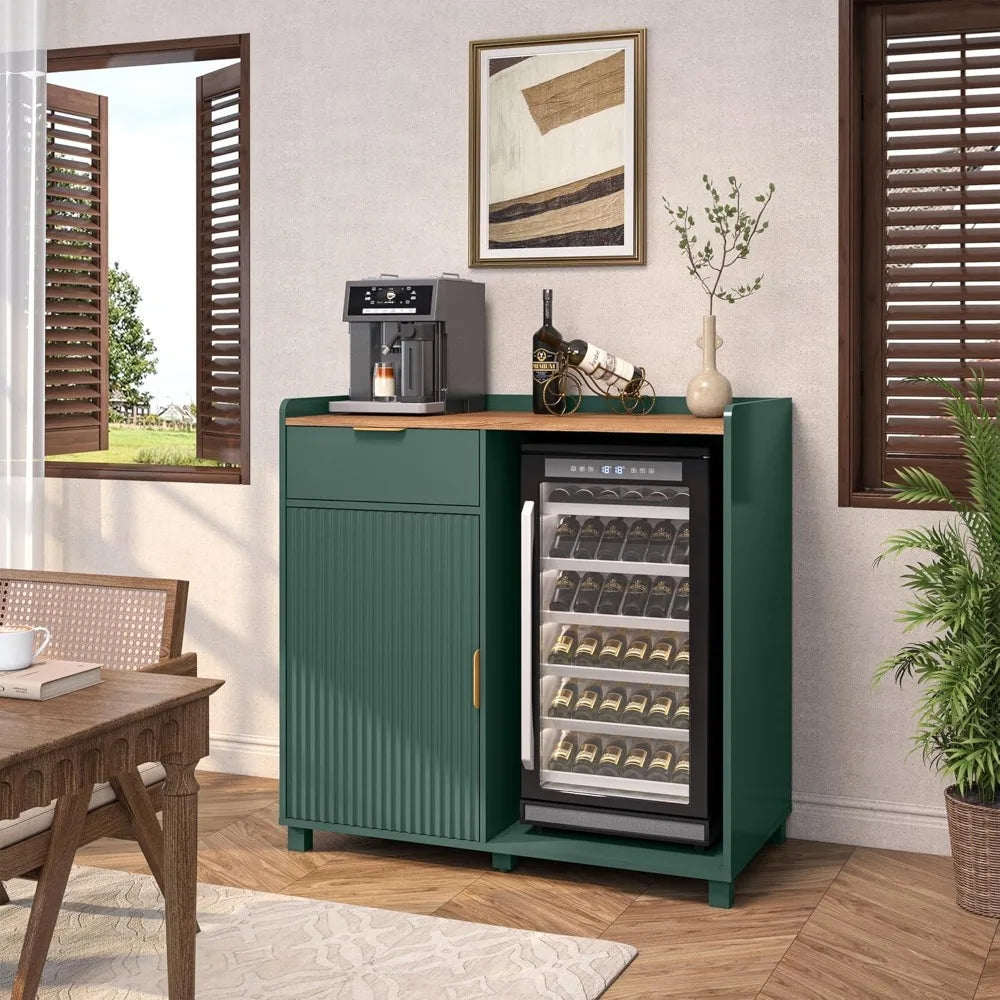 Modern Farmhouse Coffee Bar Cabinet with Mini Fridge Space, Wine Storage & Fluted Door - Green Sideboard for Living Room or Kitchen.