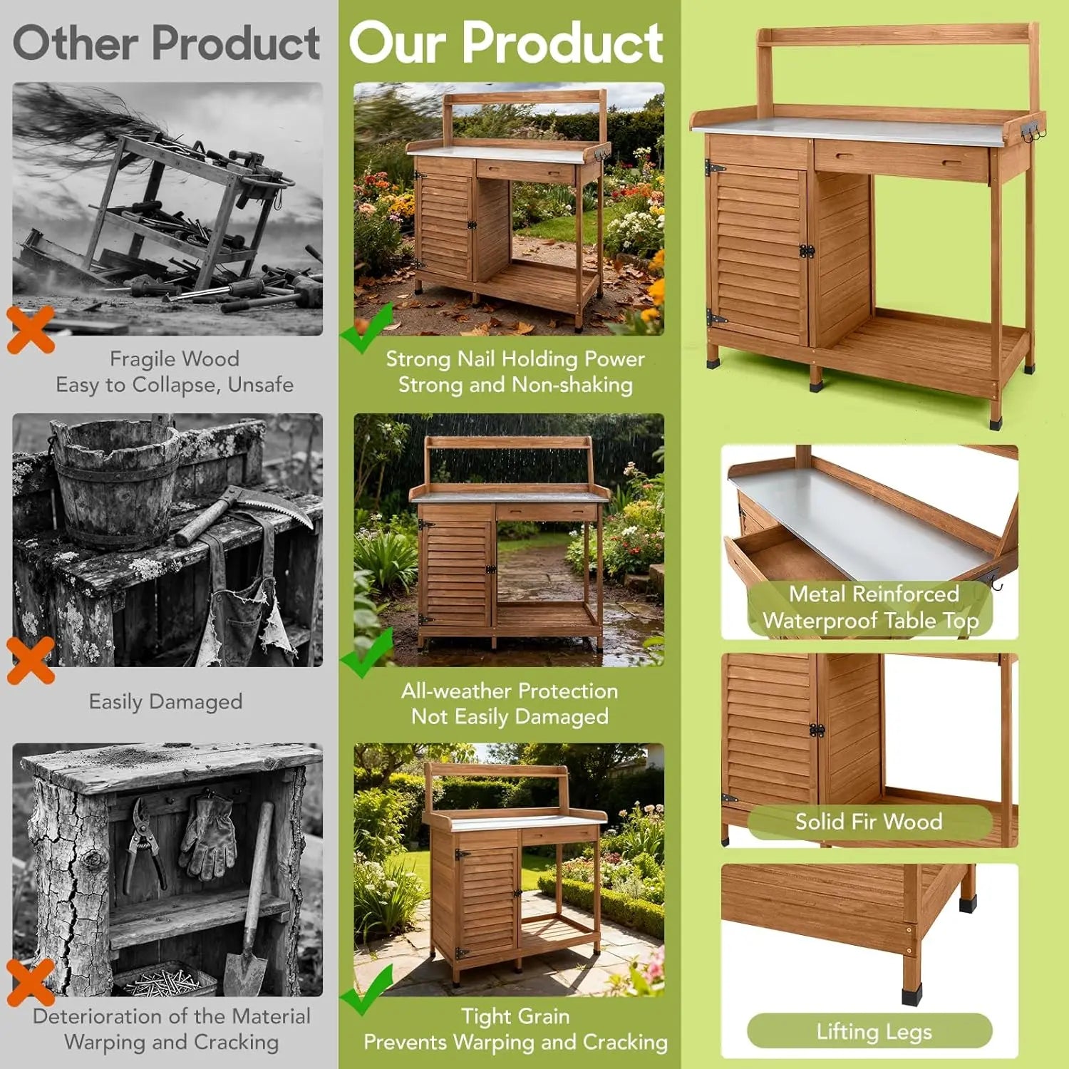 Outdoor Potting Bench Table, Wooden Weatherproof Garden Work Station with Sliding Drawer, Metal Table Top.