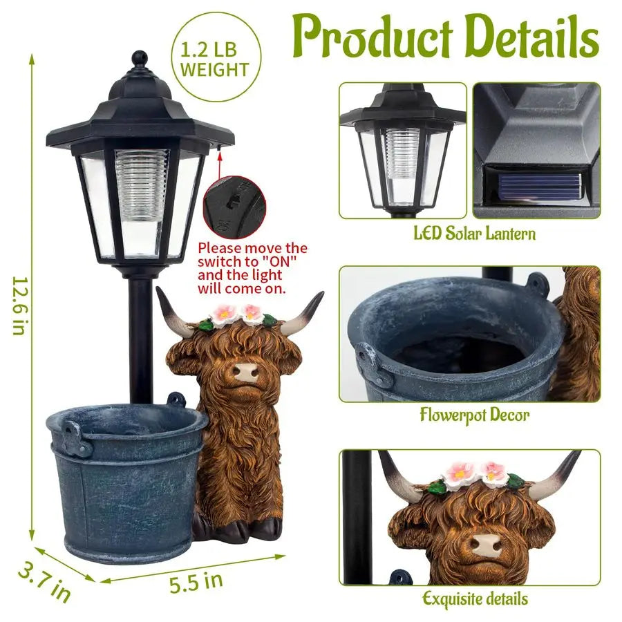 Solar Highland Cow Outdoor Statue, Garden Decor with Flowerpot and Lantern. Great Piece for the Patio and Yard.