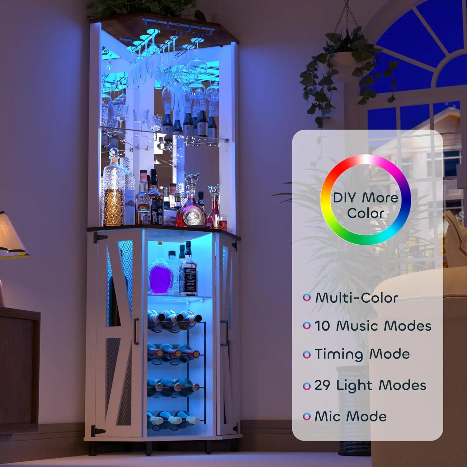 68.9” Tall Corner Bar Cabinet Wine Bar with LED Lighting With Mirrored Backdrop.  Farmhouse Liquor Cabinet with Adjustable Shelf Customizable. It's Corner Style Design is a Space Saving  Which Makes it Suitable for Smaller