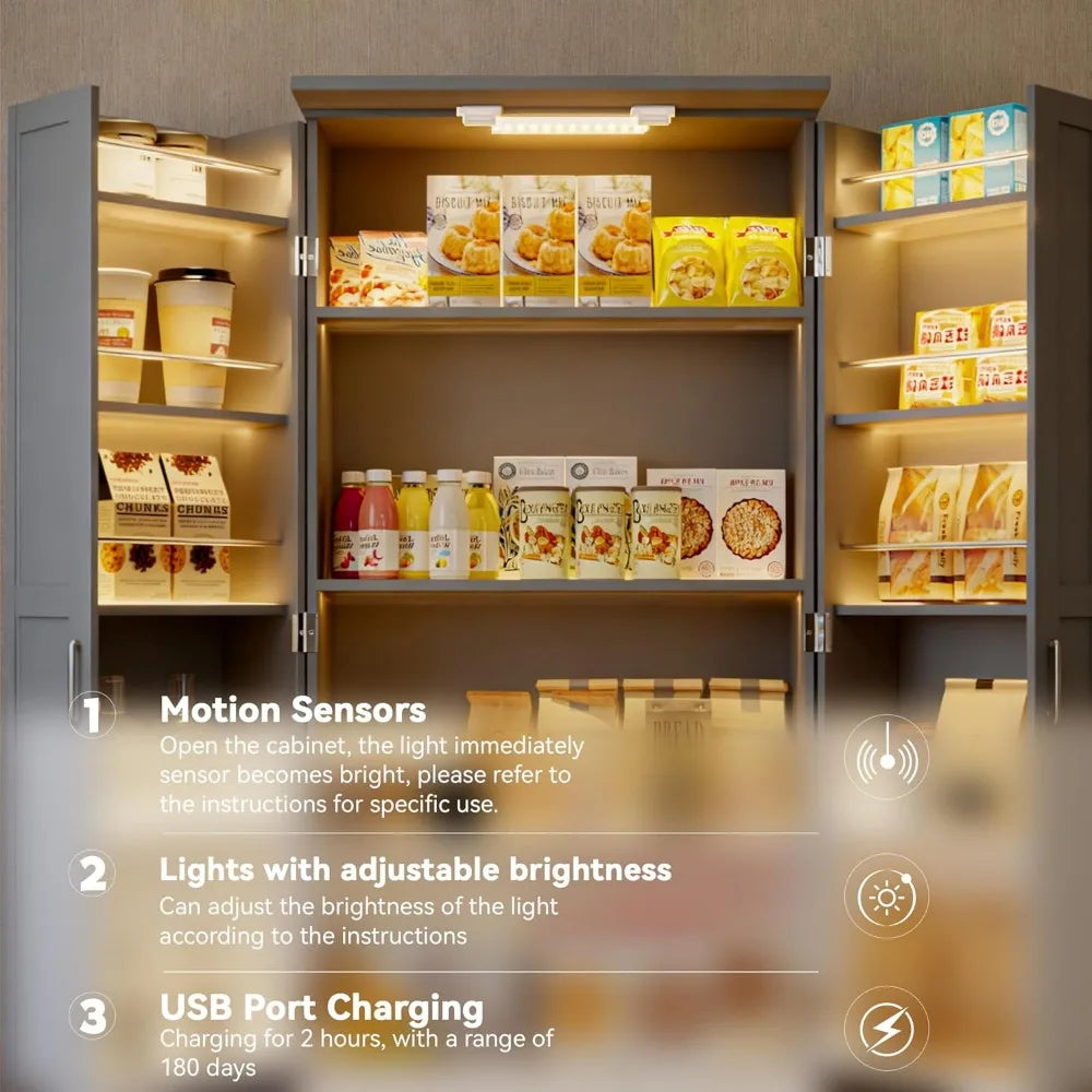 Farmhouse Style LED-Illuminated Kitchen Pantry Cabinet with 3 Drawers. Free Standing Pantry Storage, Barn Door Design, Adjustable Shelves