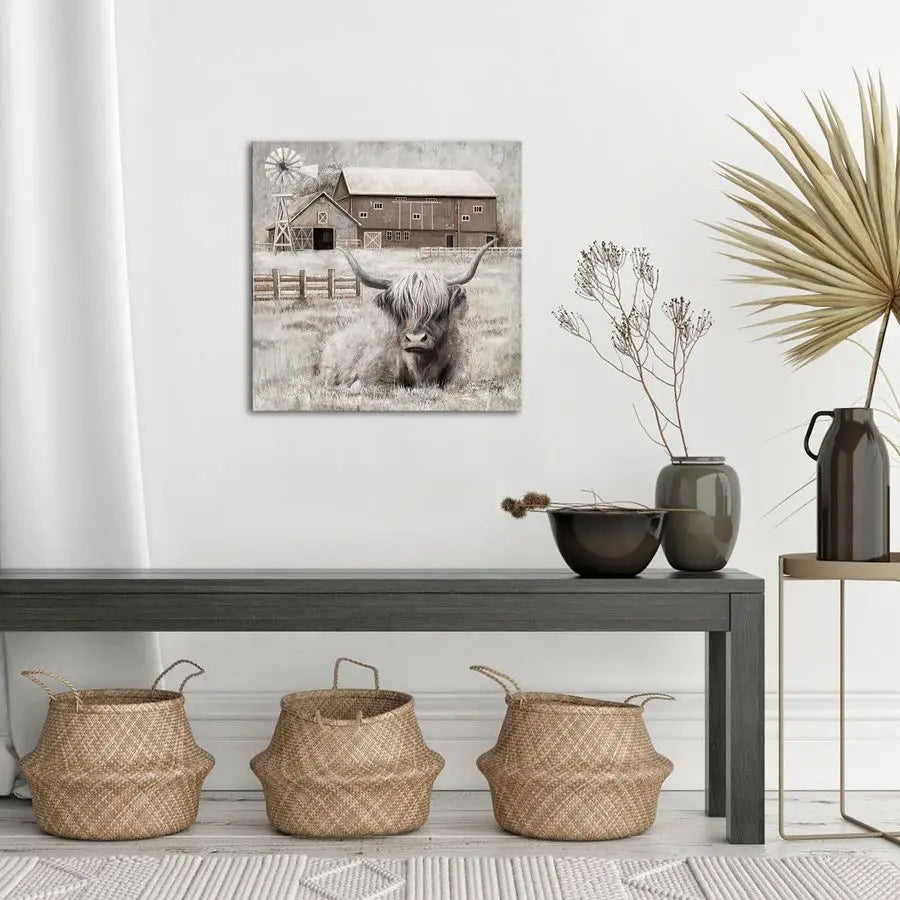 Highland Cow Lovers. Beautiful  Wall Decor Rustic Farmhouse ,Barn and Windmill Landscape Painting Framed 24x24 inch.