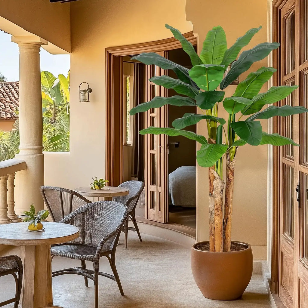 Artificial Banana Tree with Grey Planter. You Can Have Best of Both Worlds with this Beauty. A Beautiful Tropical plant that Needs N0 WATER!  I'm In!!