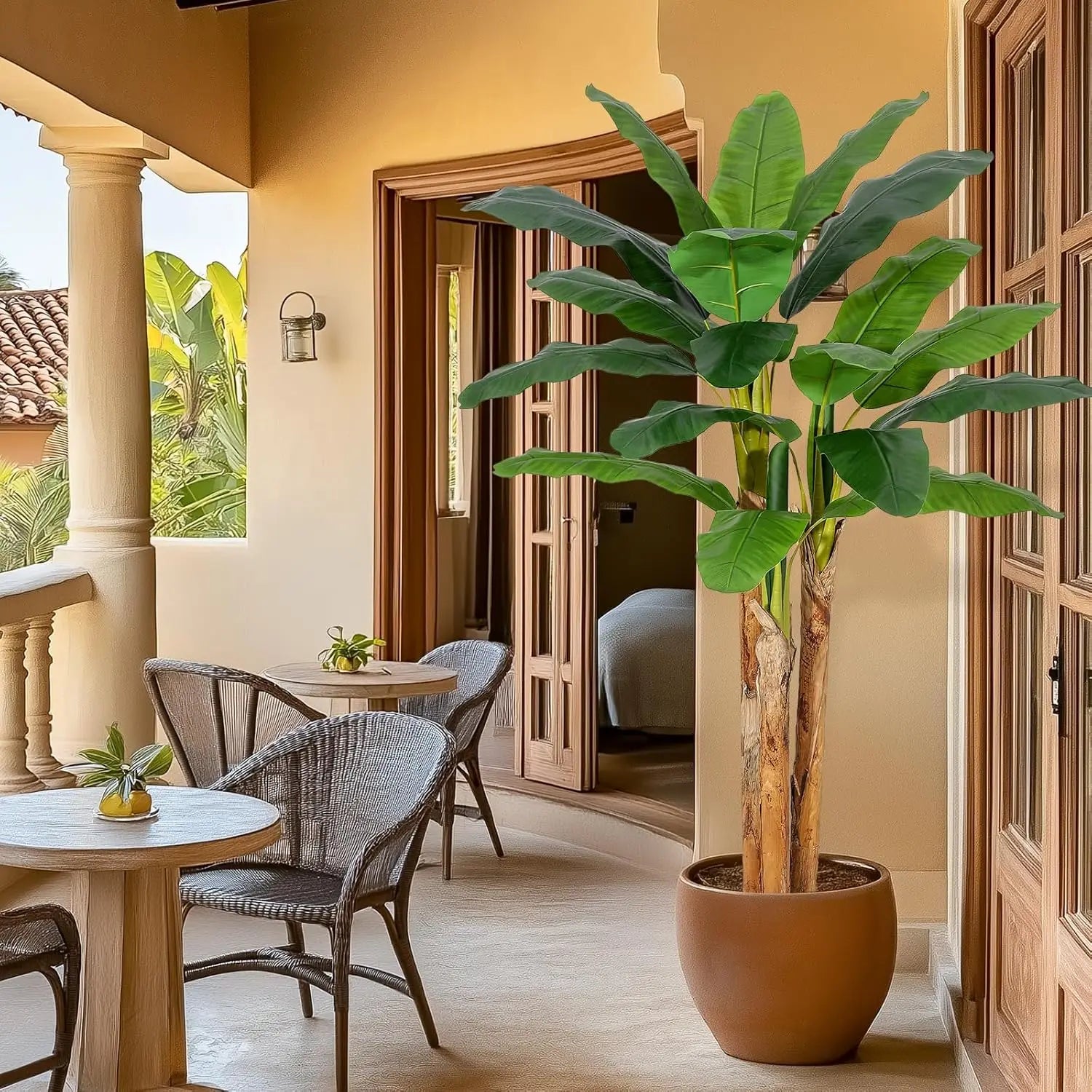 Artificial Banana Tree with Grey Planter. You Can Have Best of Both Worlds with this Beauty. A Beautiful Tropical plant that Needs N0 WATER!  I'm In!!