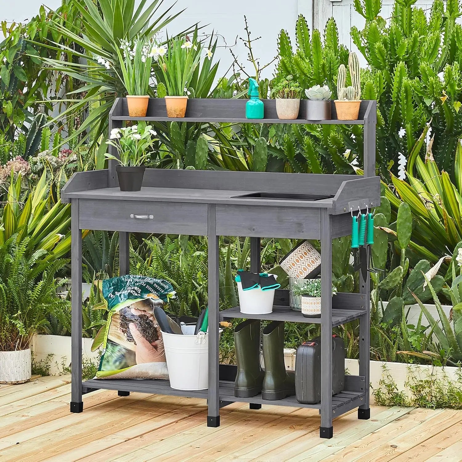 Outdoor Potting Table. Workstation for Planting, Pruning and transplanting. Bench Storage too. Multiple colors.