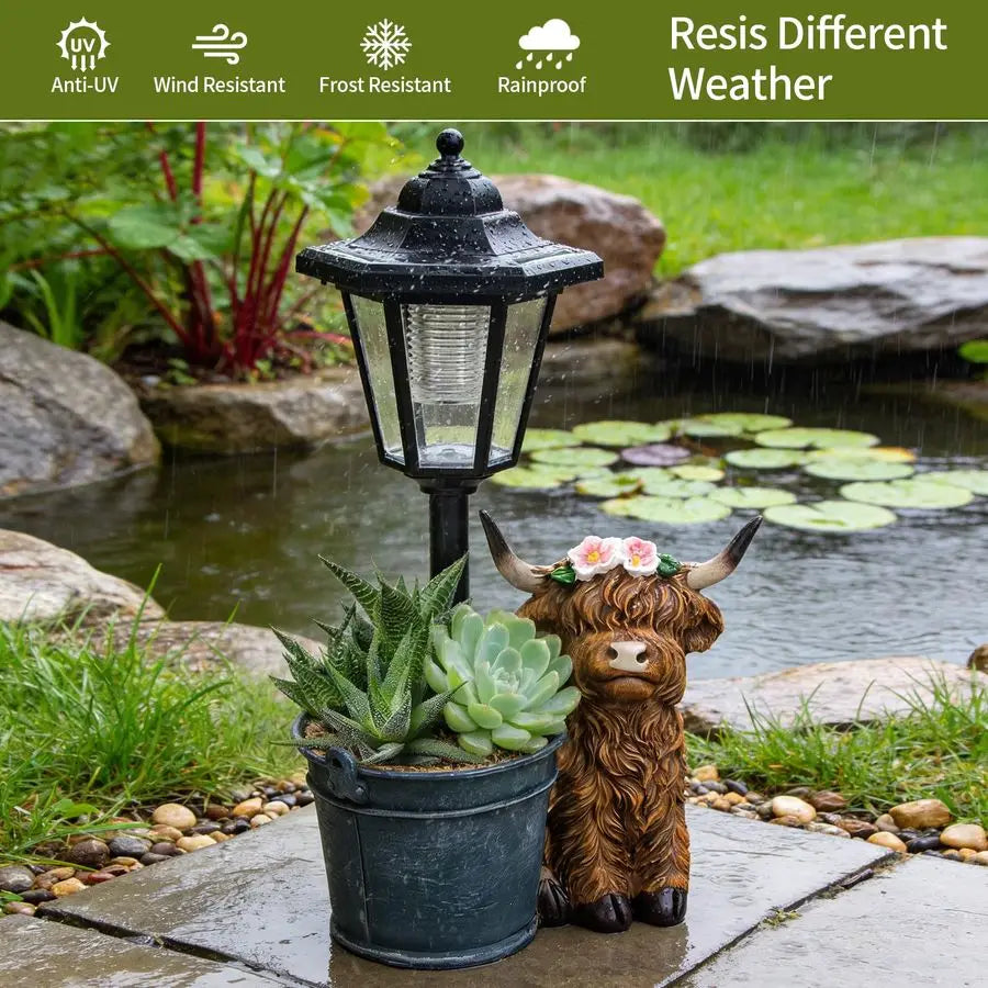 Solar Highland Cow Outdoor Statue, Garden Decor with Flowerpot and Lantern. Great Piece for the Patio and Yard.