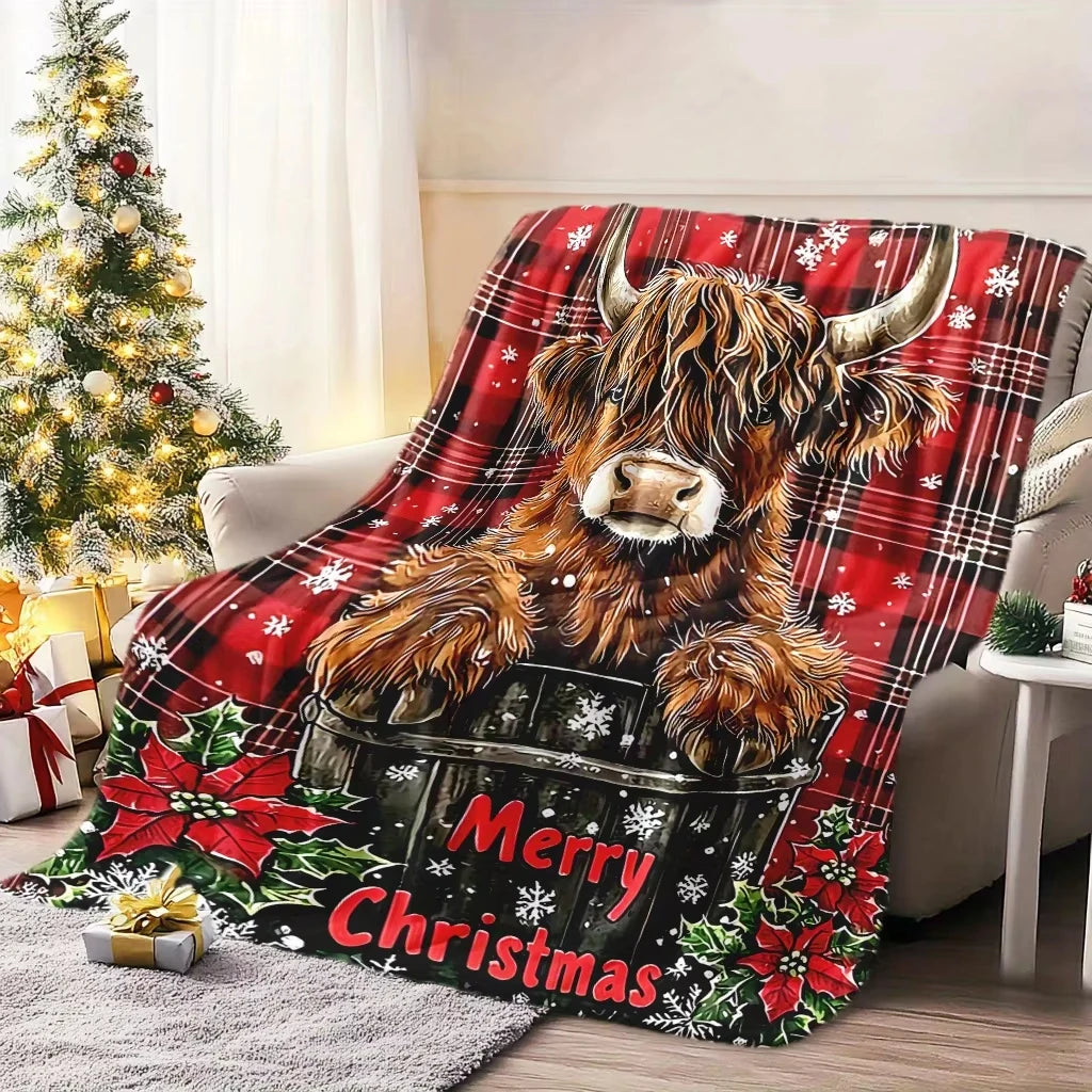 Soft Warm Christmas Highland Cow And Snowflake Flannel Blanket Cozy Festive and The Cow is Too Darn Cute! Multiple Sizes to Choose From.