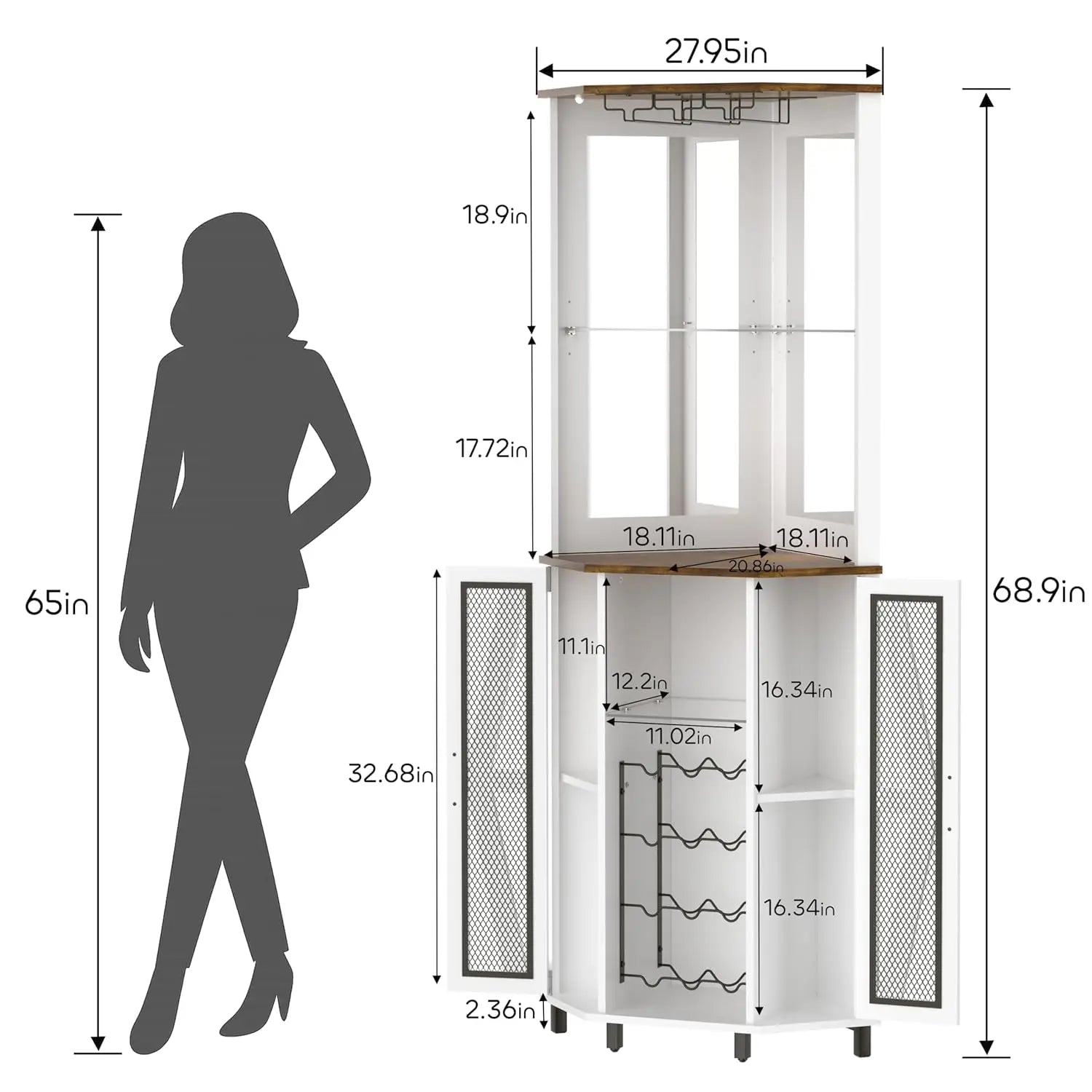 68.9” Tall Corner Bar Cabinet Wine Bar with LED Lighting With Mirrored Backdrop.  Farmhouse Liquor Cabinet with Adjustable Shelf Customizable. It's Corner Style Design is a Space Saving  Which Makes it Suitable for Smaller