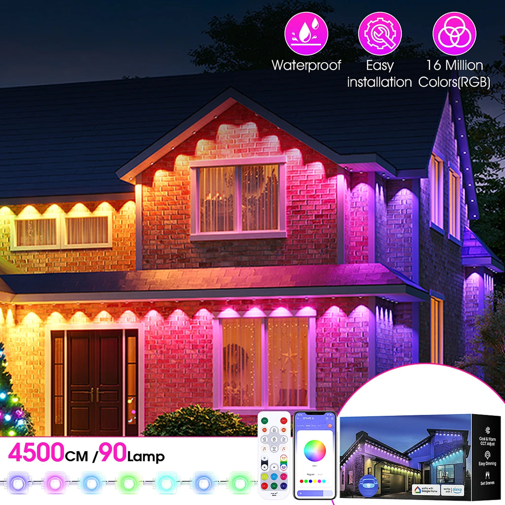 Permanent Outdoor Lights, 100ft/150FT RGBIC Outdoor Lights with 60/90 LED Lights, IP67 Waterproof, 100 Scene Modes. I Have Seen These Lights in Action and They are Great.