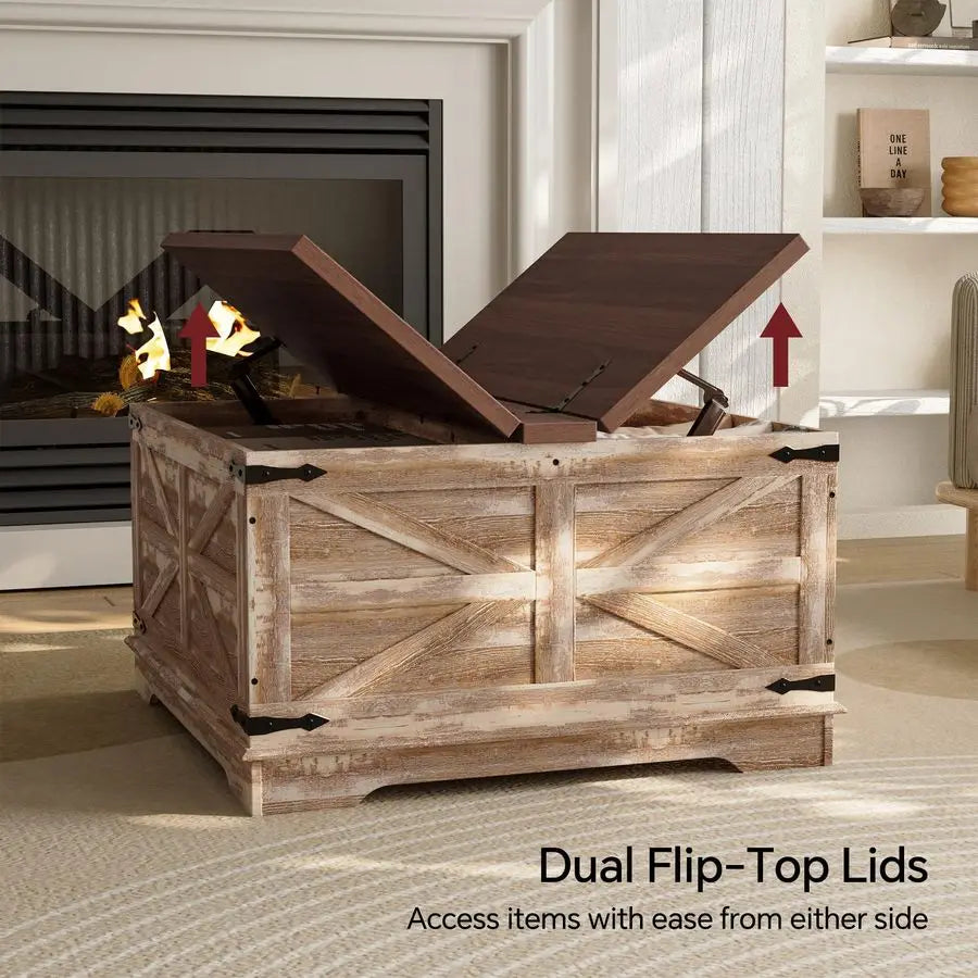 Farmhouse Style Heavy Duty Coffee Table with Storage, Square Wood Center Table Set for Living Room with Pull Up Large Lid.