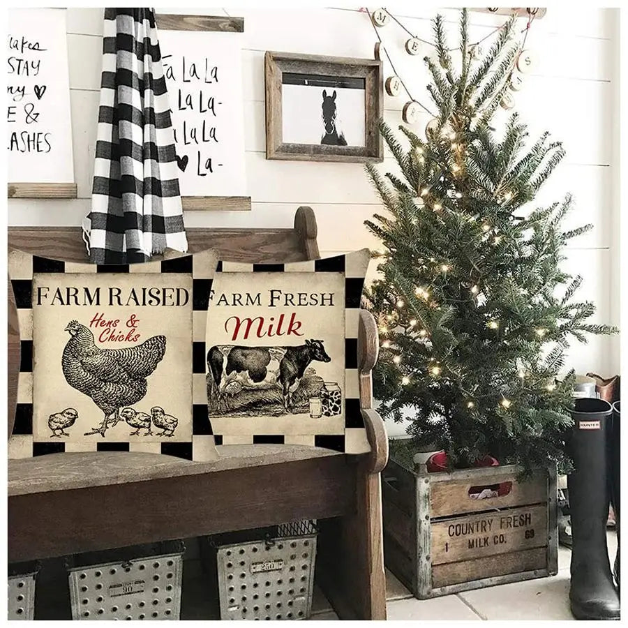 Rustic Farmhouse Pillow Covers Farm Animal Throw Pillow Case Bordered in a Buffalo Plaid. Great as an Accent in any Room.