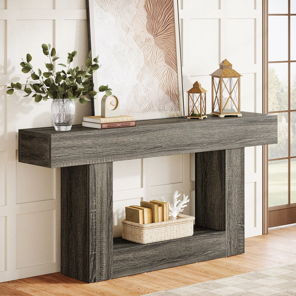 Modern  Farmhouse 2-Tier Entryway Table with U-Shaped Base, Narrow Long Wood Sofa Table. 63 inches tall.. Uniquely Stunning Design. Several finishes to choose from.