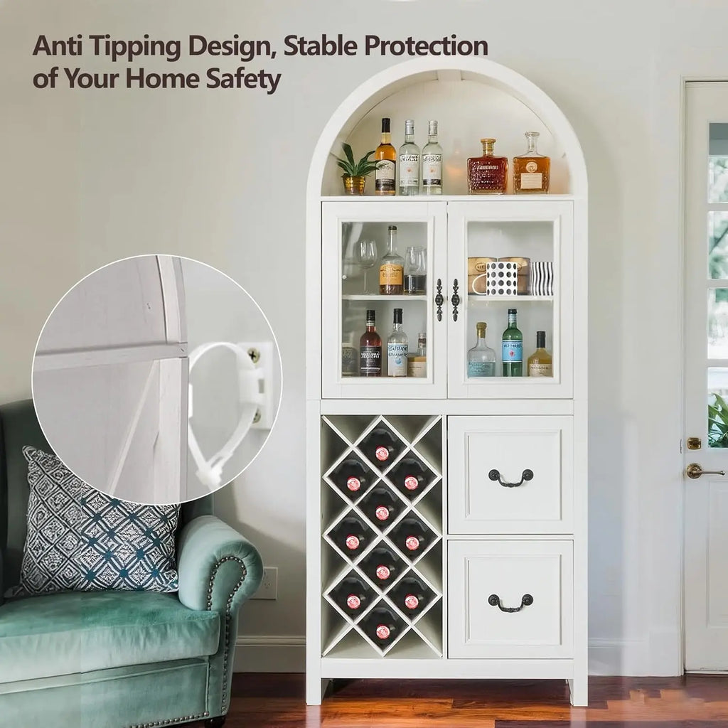 Farmhouse Style Arched Bar Cabinet with Glass Doors, 71" Tall Wine Storage Cabinet with Stemware Rack, Wine Rack and Storage.  Both Functional and Beautiful.