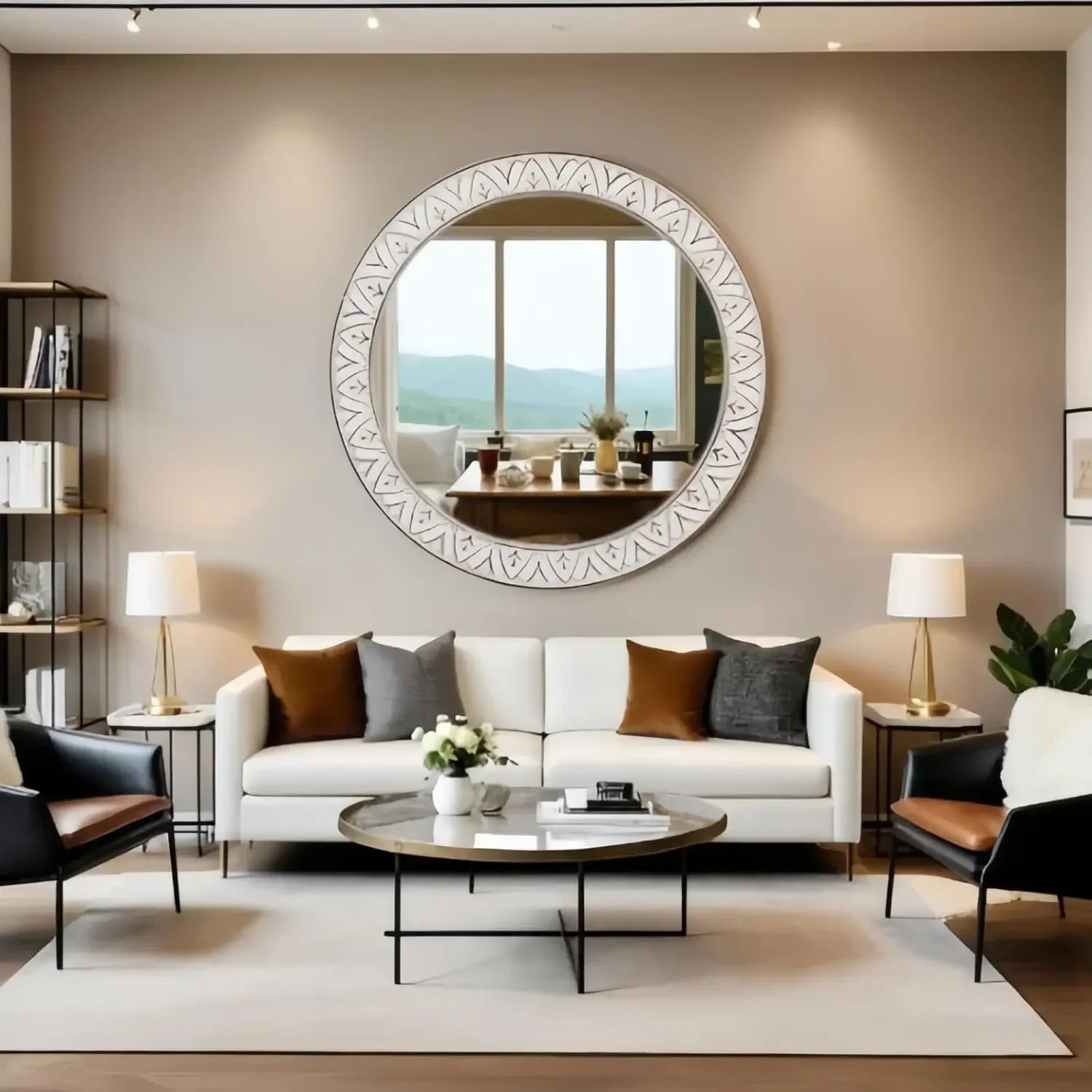 BESTSELLER !! Rustic Round Wood 36 Inch Farmhouse Mirror, Wall Mount, Framed, White, Flower Imprinted Frame. Beautiful Piece.