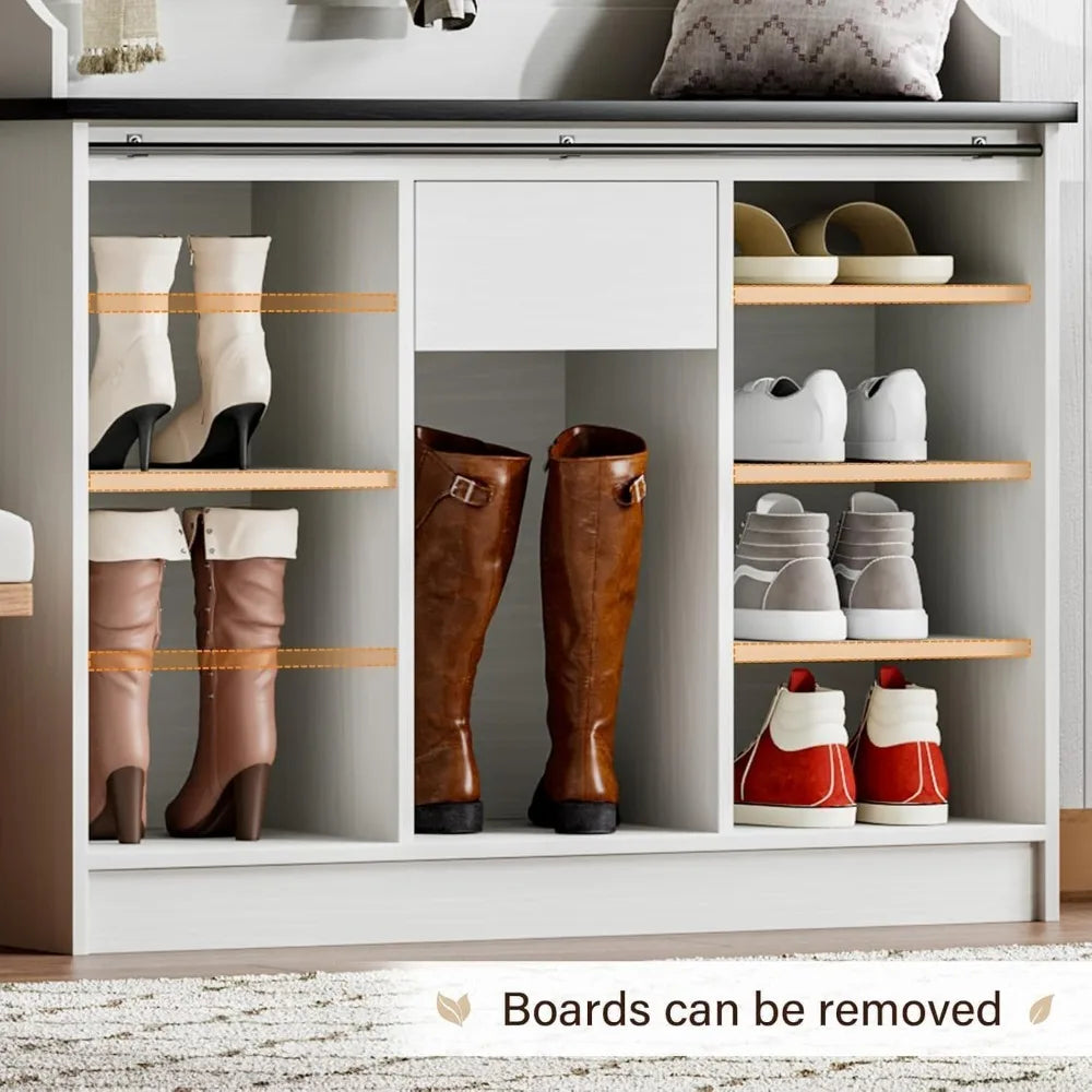 Farmhouse Style Hall Tree with Bench and Shoe Storage Adjustable Shelf and Barn Doors This would be Great In a Entryway or Mudroom.