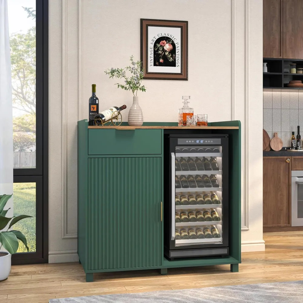 Modern Farmhouse Coffee Bar Cabinet with Mini Fridge Space, Wine Storage & Fluted Door - Green Sideboard for Living Room or Kitchen.