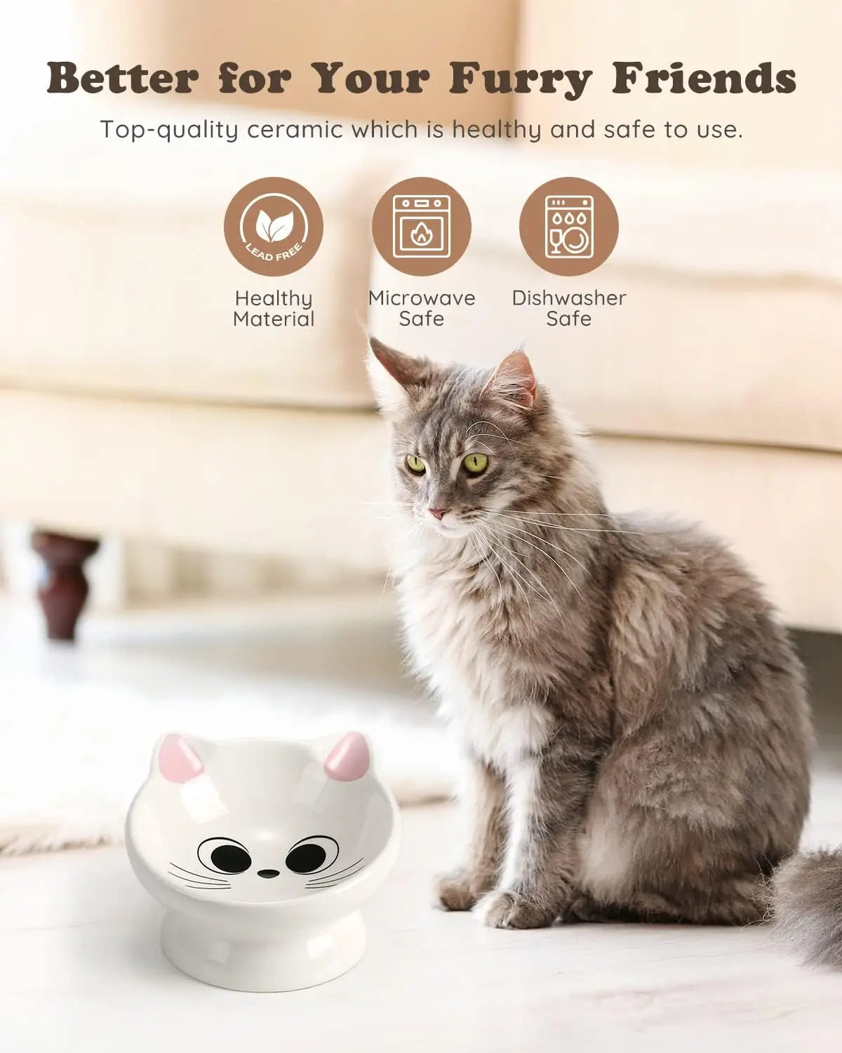 2-Piece Ceramic Raised Cat Food Bowl with 15° Tilt for Spine Health and Anti-Reflux Purposes. Pretty Darn Cute.