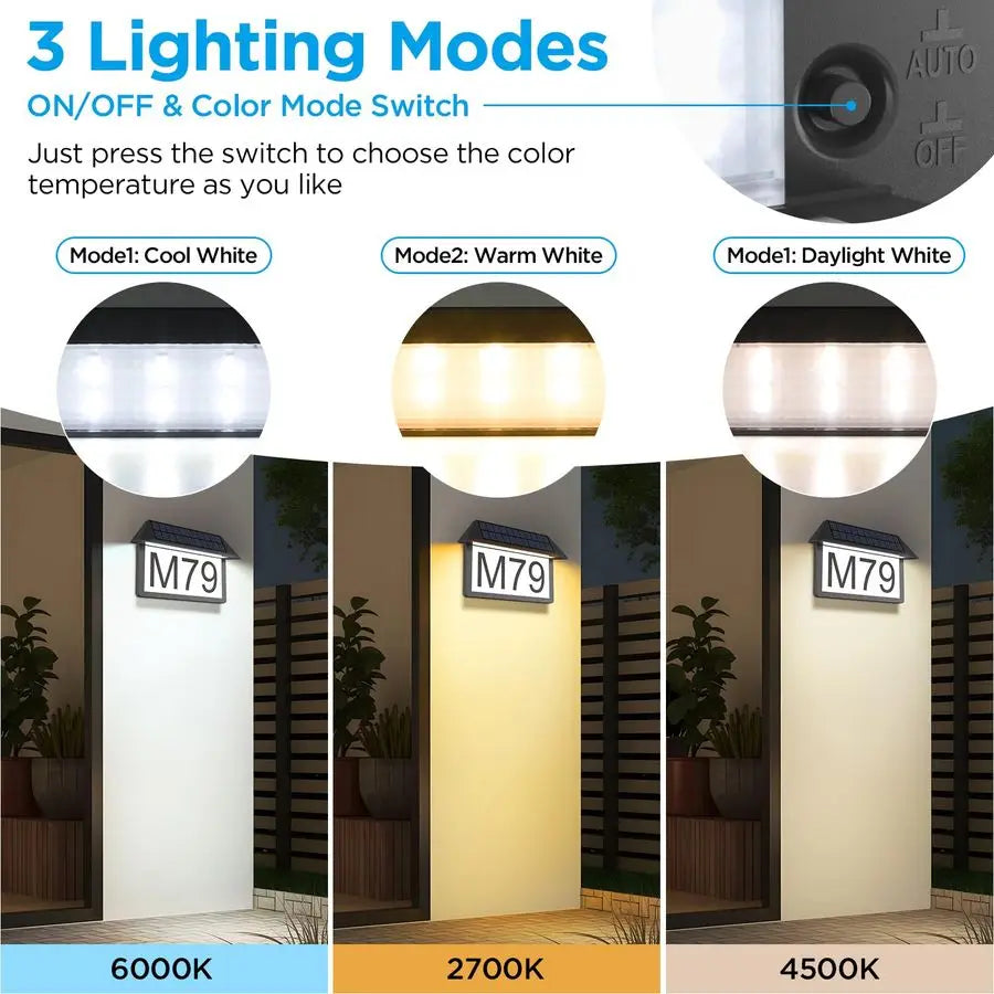 Solar Wall Mounted Address Sign, House Numbers   3 Color Temperature, and Brightness.  Allows for finding Your Address at night Much Easier.