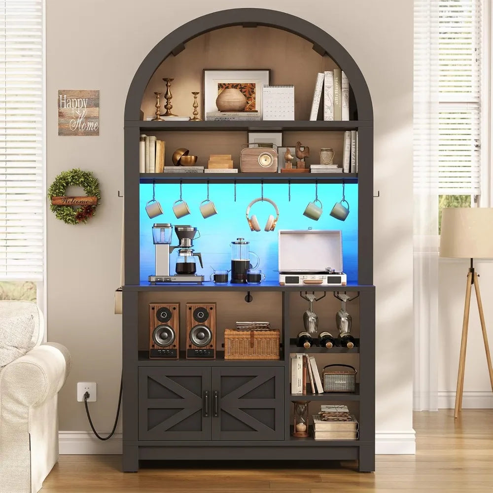 73" Tall Arched Bakers Rack with Power Outlet and LED Light, Farmhouse Coffee Bar Cabinet, Kitchen Microwave Stand. Multiple Finishes and Attractive Features.