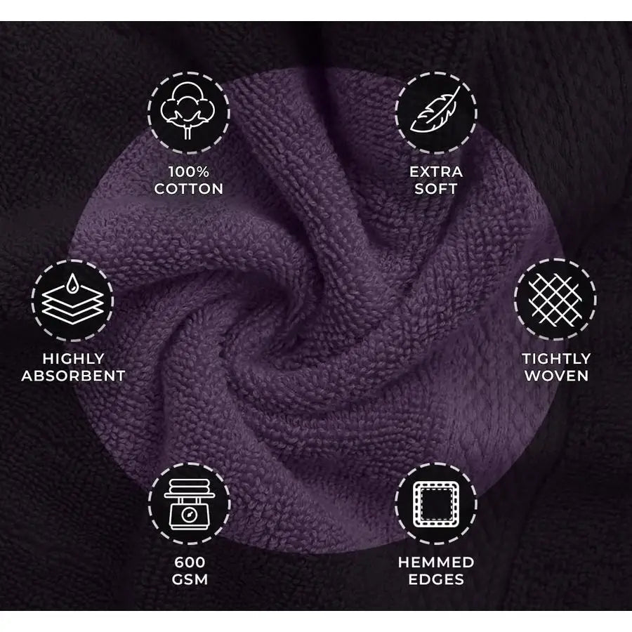 Luxury 8 Piece Plum Towels Set, 2 Bath Towels, 2 Hand Towels and 4 Washcloths, 600 GSM 100 Ring Spun Cotton Highly Absorbent. Striking Color.
