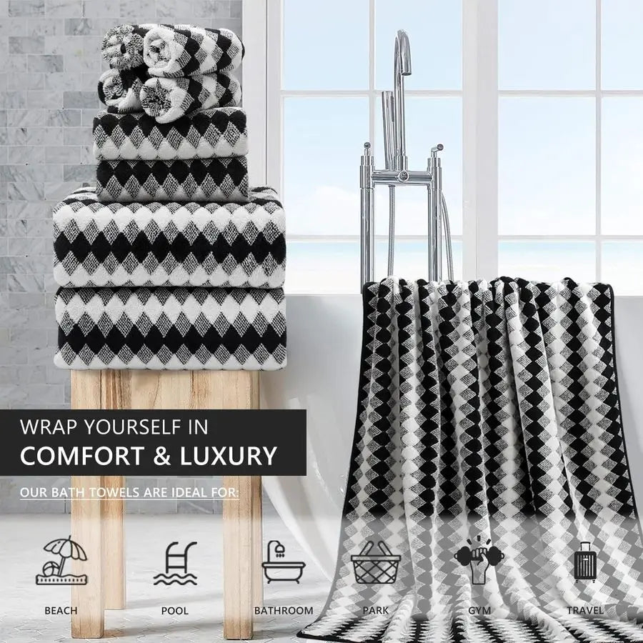 8 Piece Bathroom Towel Set Black White 2 Oversized Large Bath Towels, 2 Hand Towels. 4 Washcloths 600GSM Soft Towel Set. Striking Pattern.